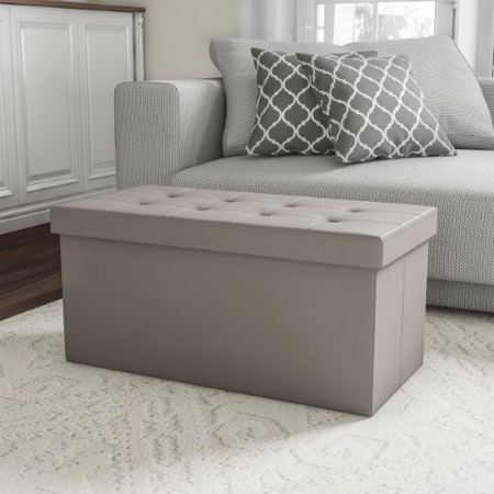 HASTINGS HOME Folding Storage Bench Ottoman-30" Faux Gray Leather- Foam Padded Lid-Removable Bin-Organizer 253345XMY